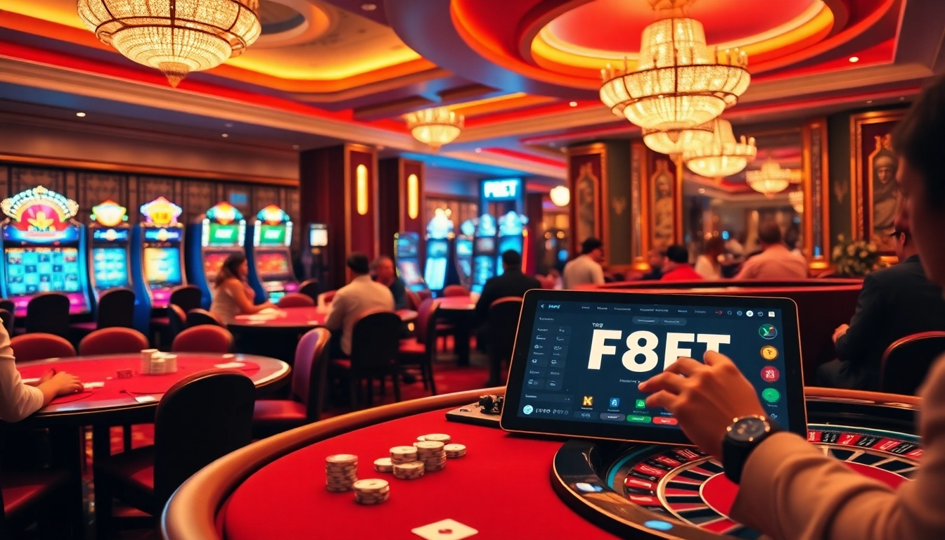 Gamble with excitement at https://f8bet.dental/, showcasing vibrant casino tables and slot machines.