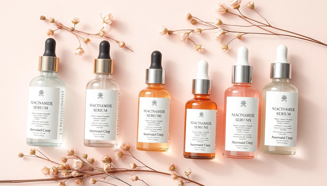 Niacinamidserumkollektion med eleganta glasflaskor och naturliga rekvisita