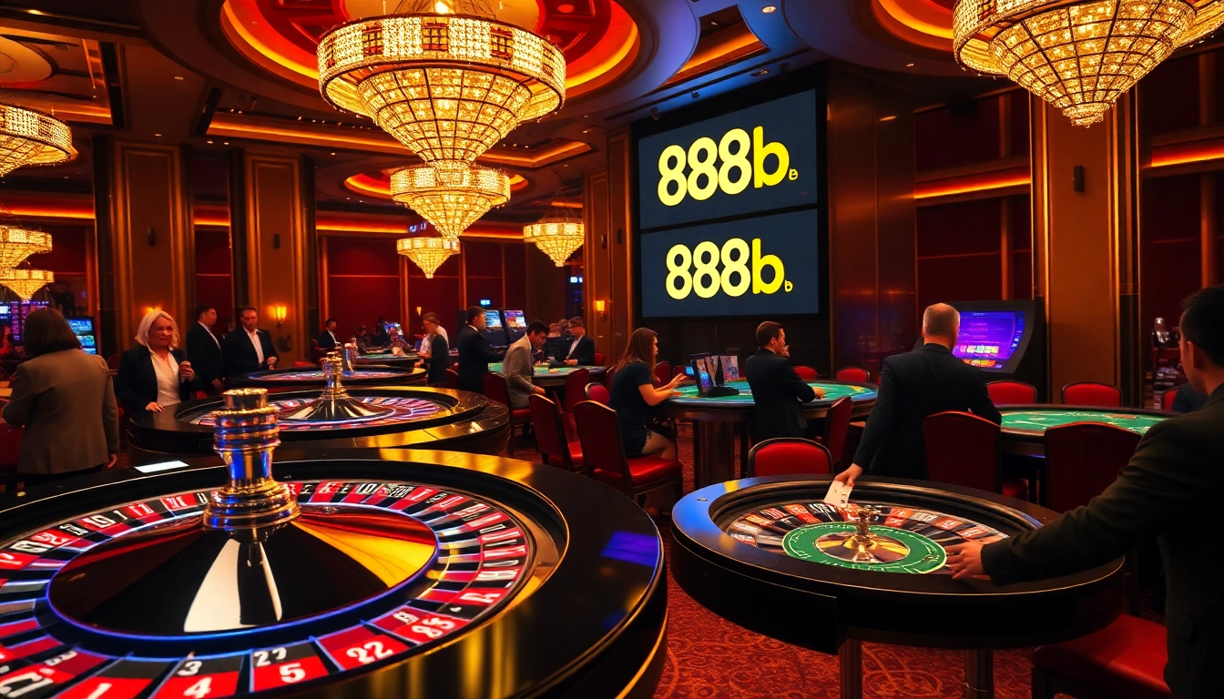 Experience the thrilling atmosphere of 888b with exciting casino games and vibrant betting tables.