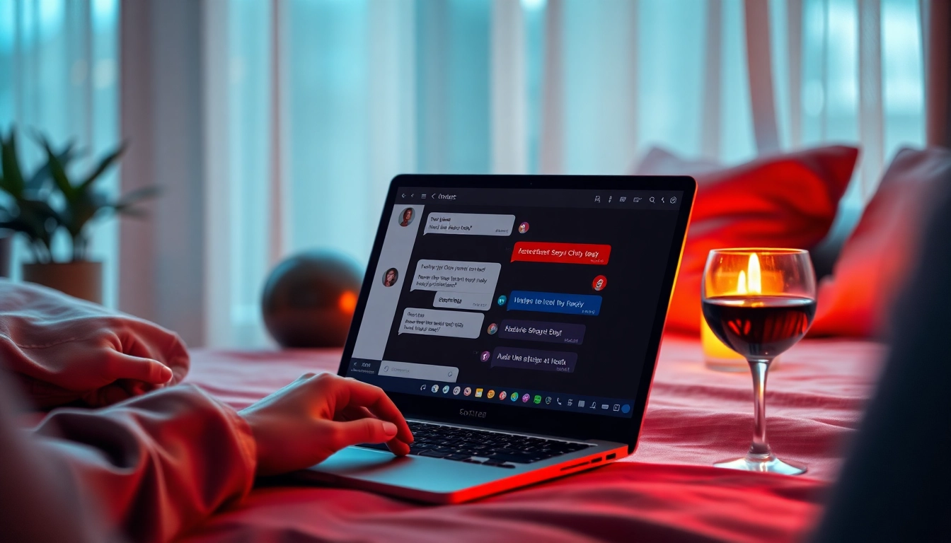 Engaging scene of a user enjoying sexy AI chat on a laptop with ambient lighting.
