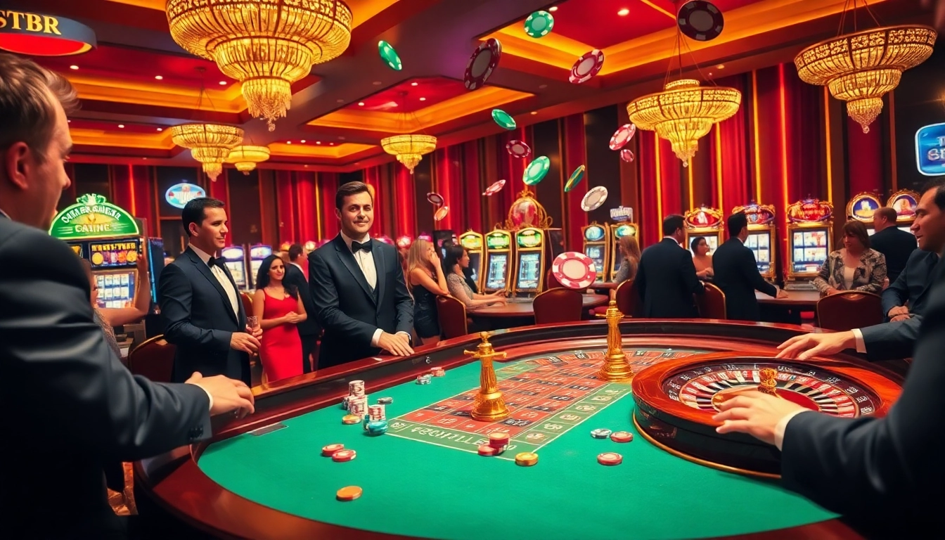 Experience the excitement of gambling at https://tr88.bio/ with a bustling casino atmosphere filled with players and vibrant tables.