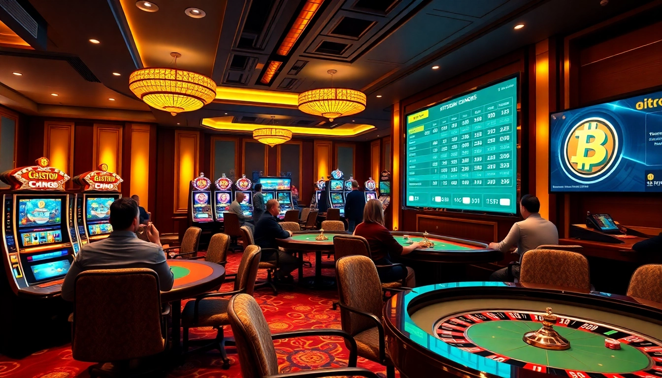 Scène excitante montrant des joueurs interagissant dans des casinos Bitcoin, avec des machines à sous colorées et des tables de poker.
