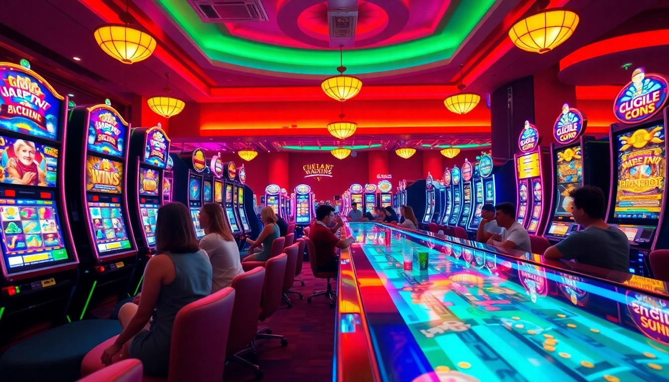 Jouer aux machines à sous en ligne avec une ambiance de casino animée et des graphismes colorés.