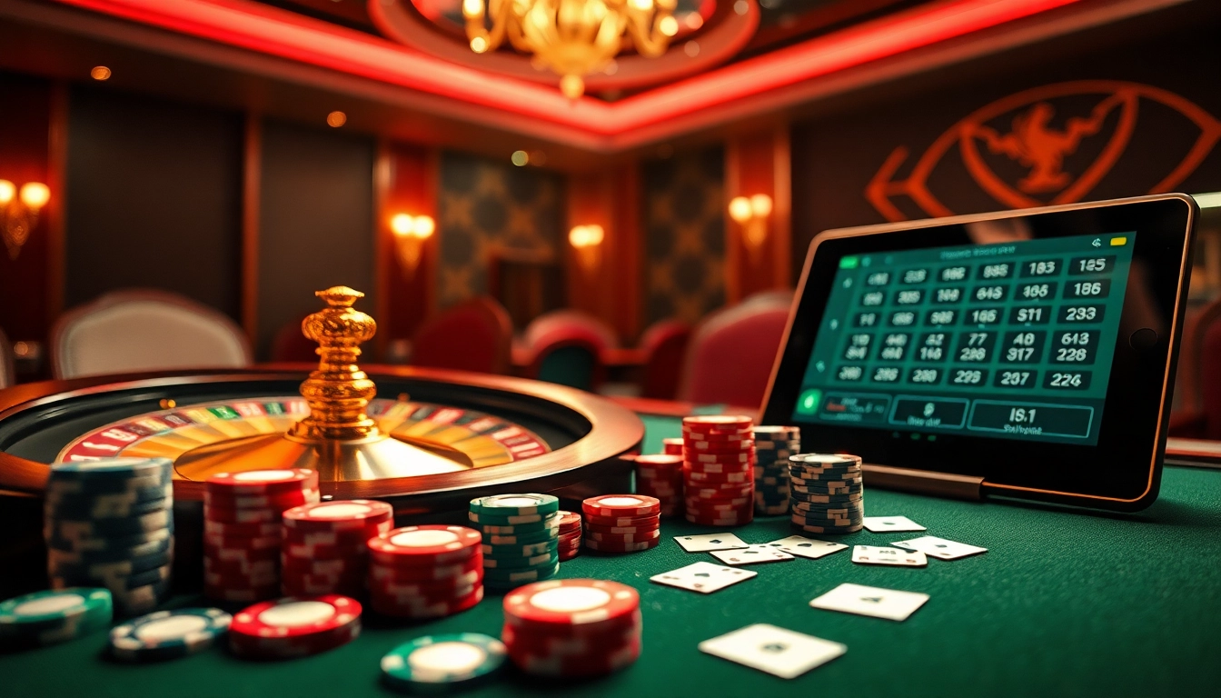 Experience the thrill of Trang chủ Luck8 with a luxurious casino setup featuring poker chips and a roulette wheel.