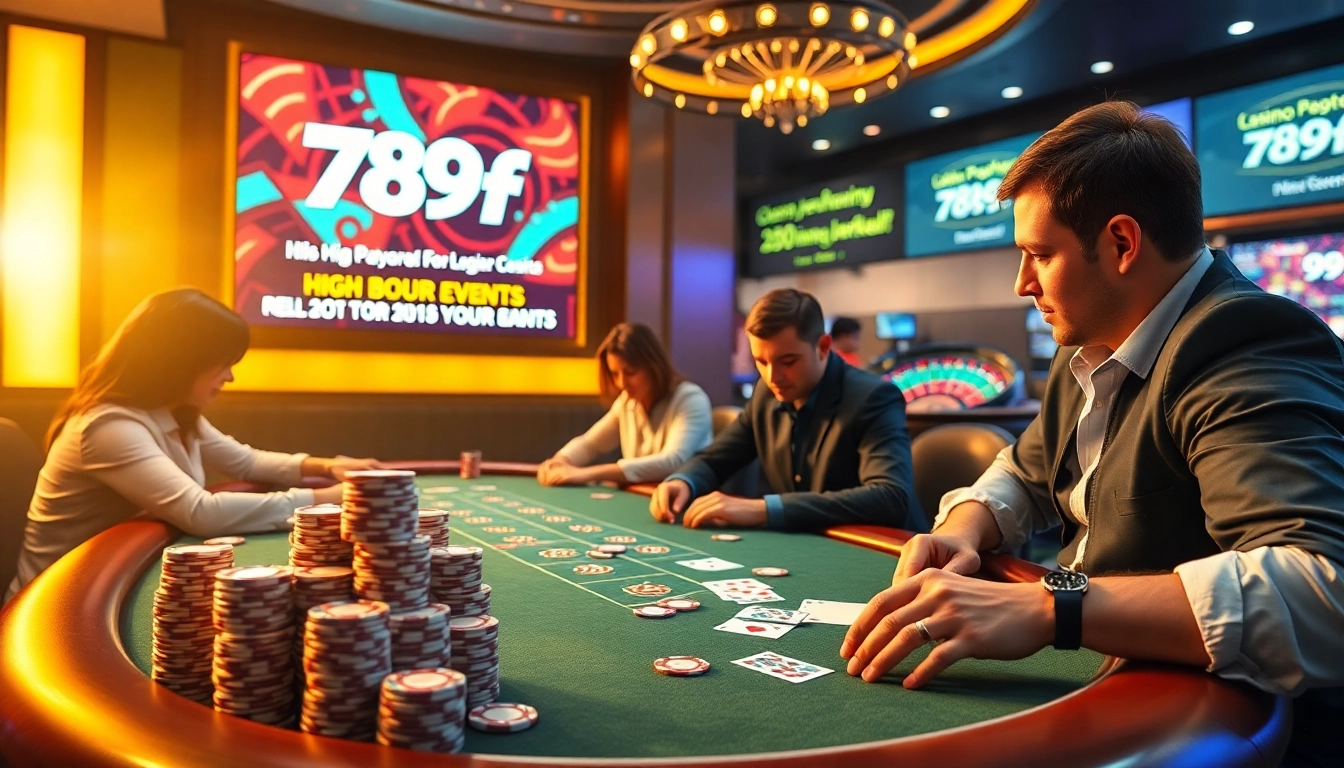 Players engaging in an intense poker game at 789 f, surrounded by vibrant casino decor.