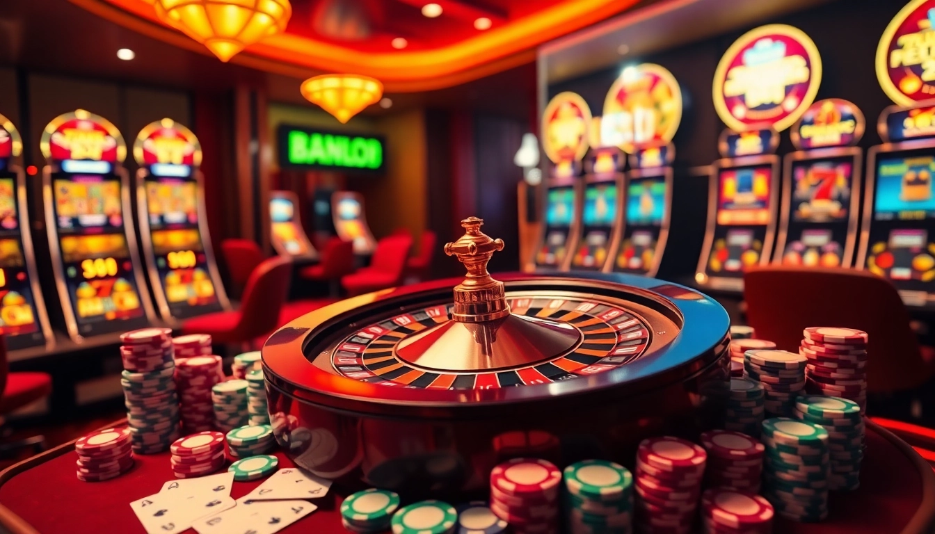 Exciting online gambling scene with uu88 featuring roulette, poker, and slot machines.