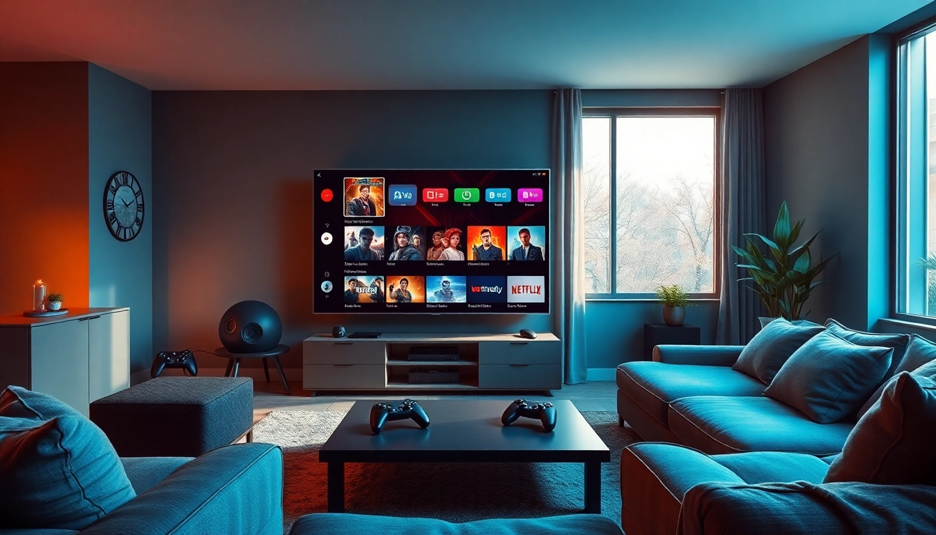 Iron TV Pro streaming interface on a modern Smart TV in a stylish living room, showcasing vibrant content.