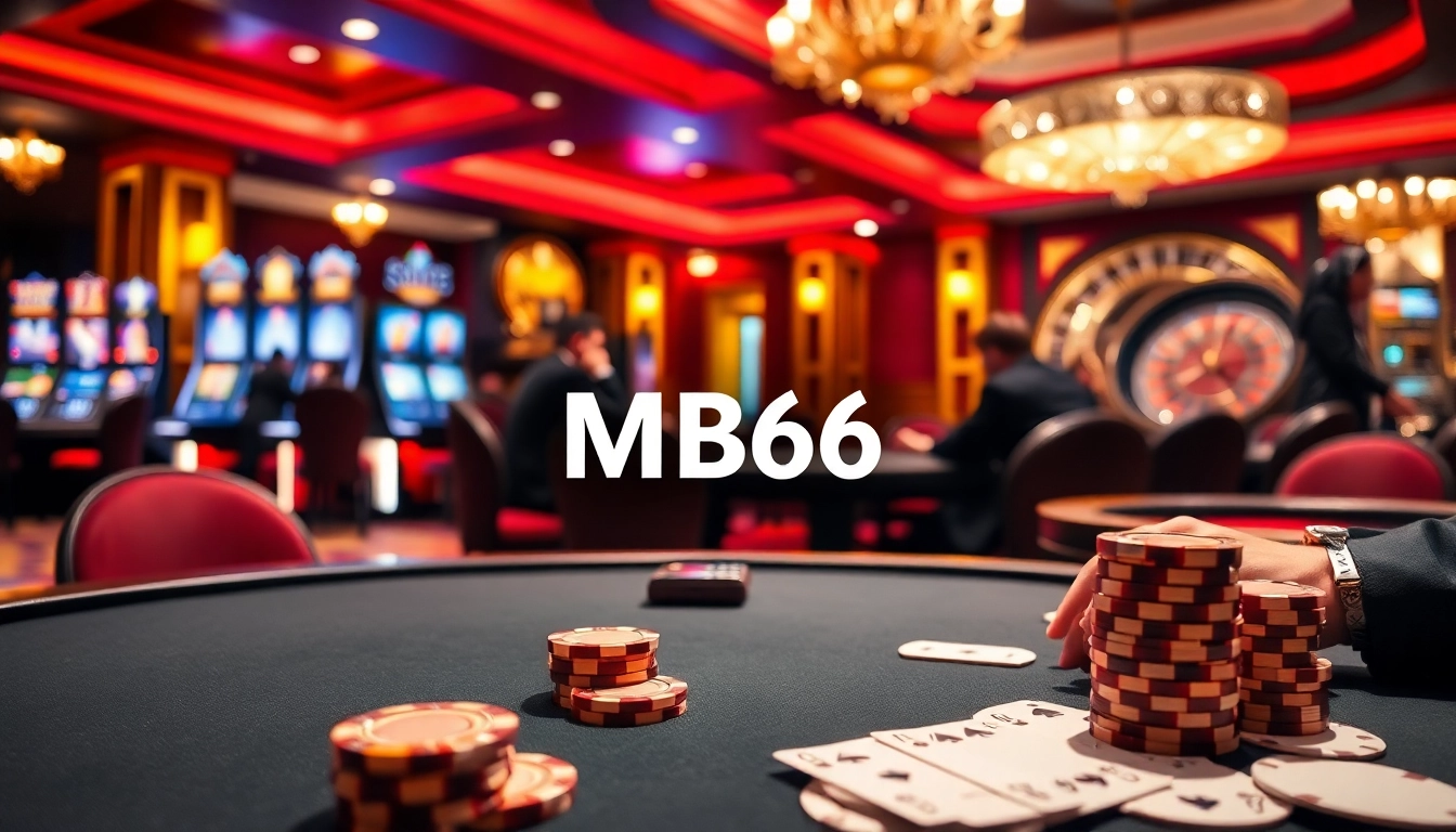 Engaging poker players at a casino table with vibrant MB66 branding, showcasing excitement and professional gambling.