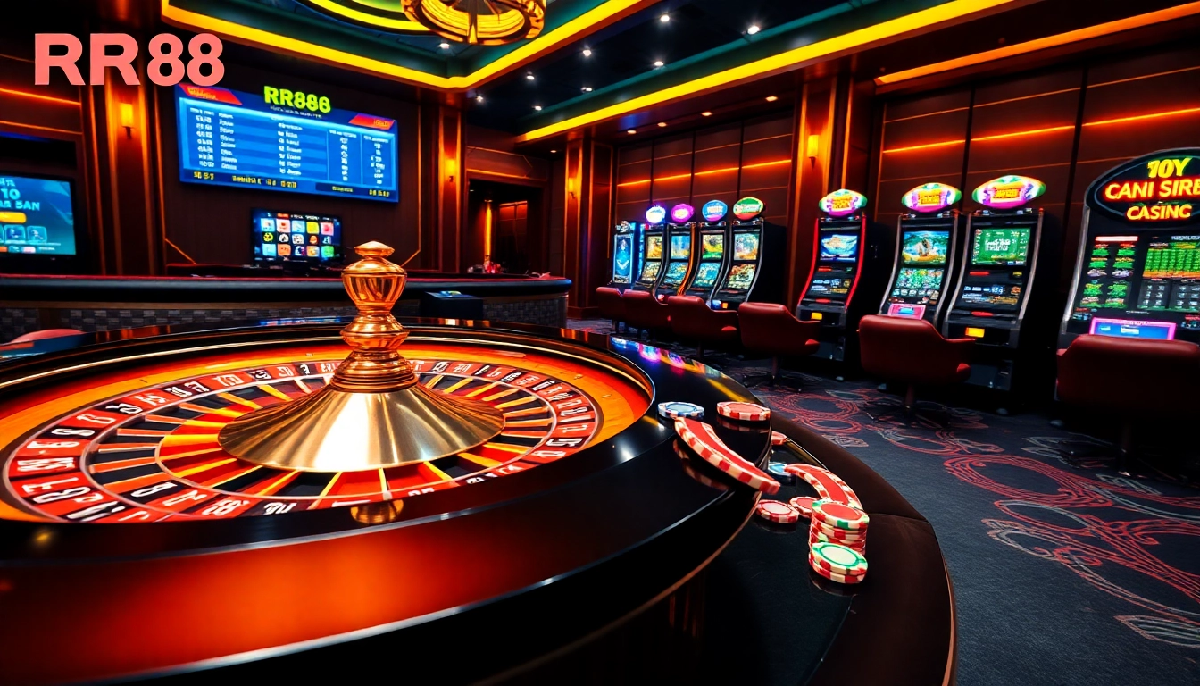 Experience RR88 lively casino action with roulette, poker chips, and vibrant slot machines.