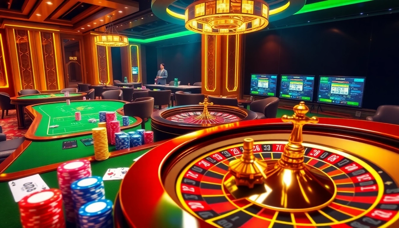 Players experiencing excitement at Bk33 casino with vibrant tables and dynamic gambling elements.