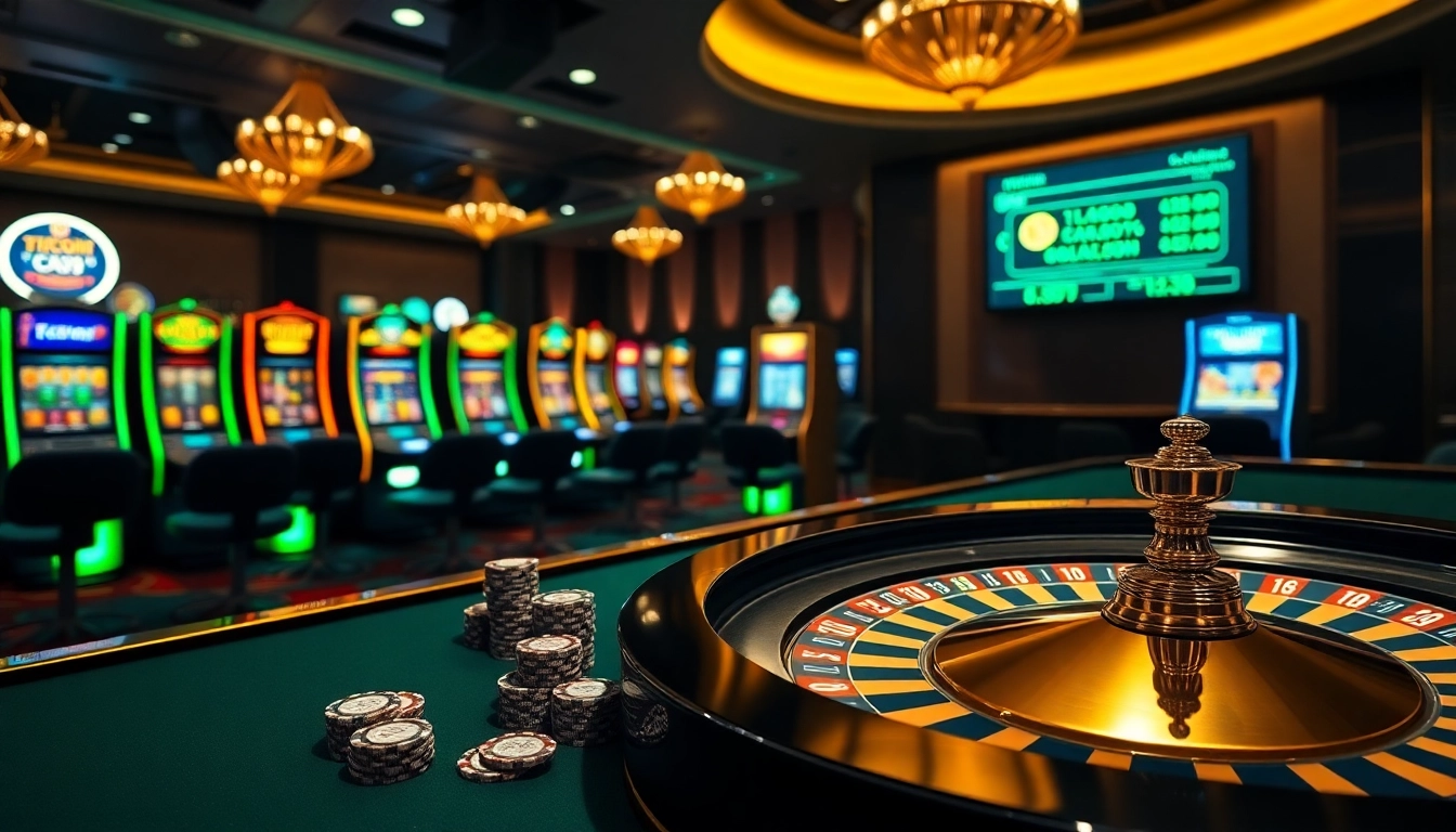 Experience the excitement of a Bitcoin casino with vibrant gaming tables and cryptocurrency elements.