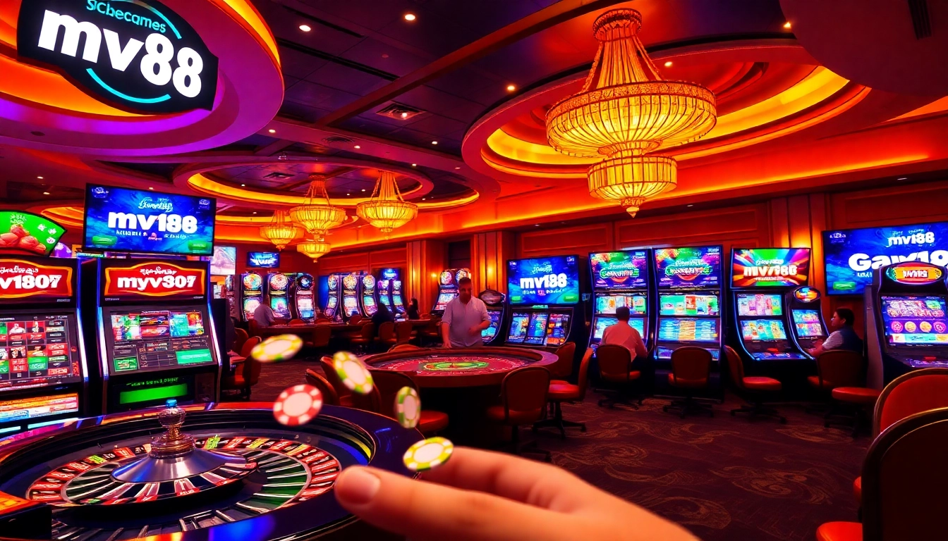 Experience the excitement at mv88, featuring vibrant casino tables and online gaming visuals.