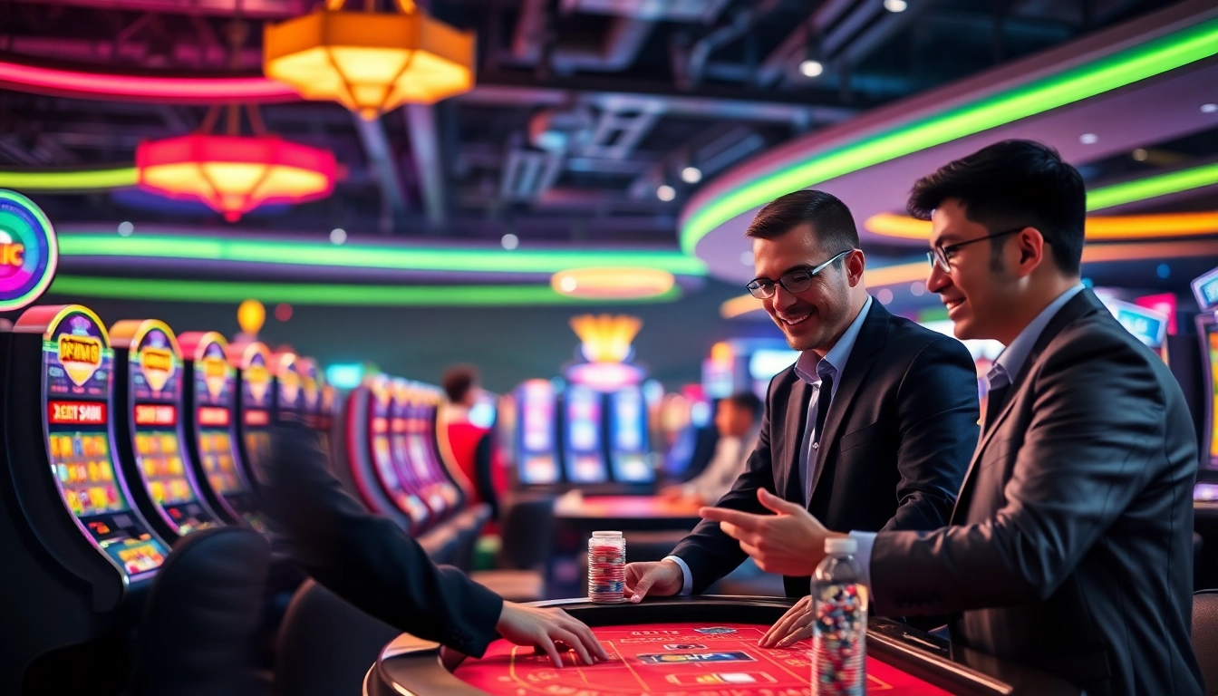 Jouer à des jeux casino en ligne dans un environnement vibrant et dynamique, avec des joueurs engagés.