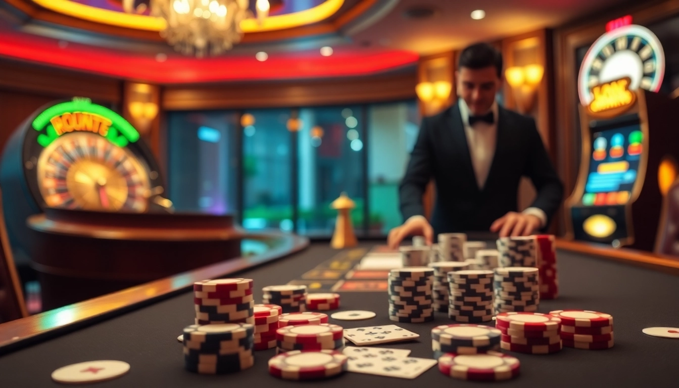Experience the thrill of gaming at kkwin.com with an inviting casino scene featuring poker chips, cards, and a roulette wheel.