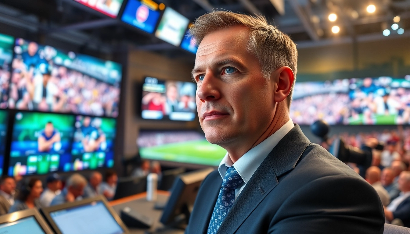 Captivating scene of Sports Broadcasting with an enthusiastic announcer in a high-tech studio.