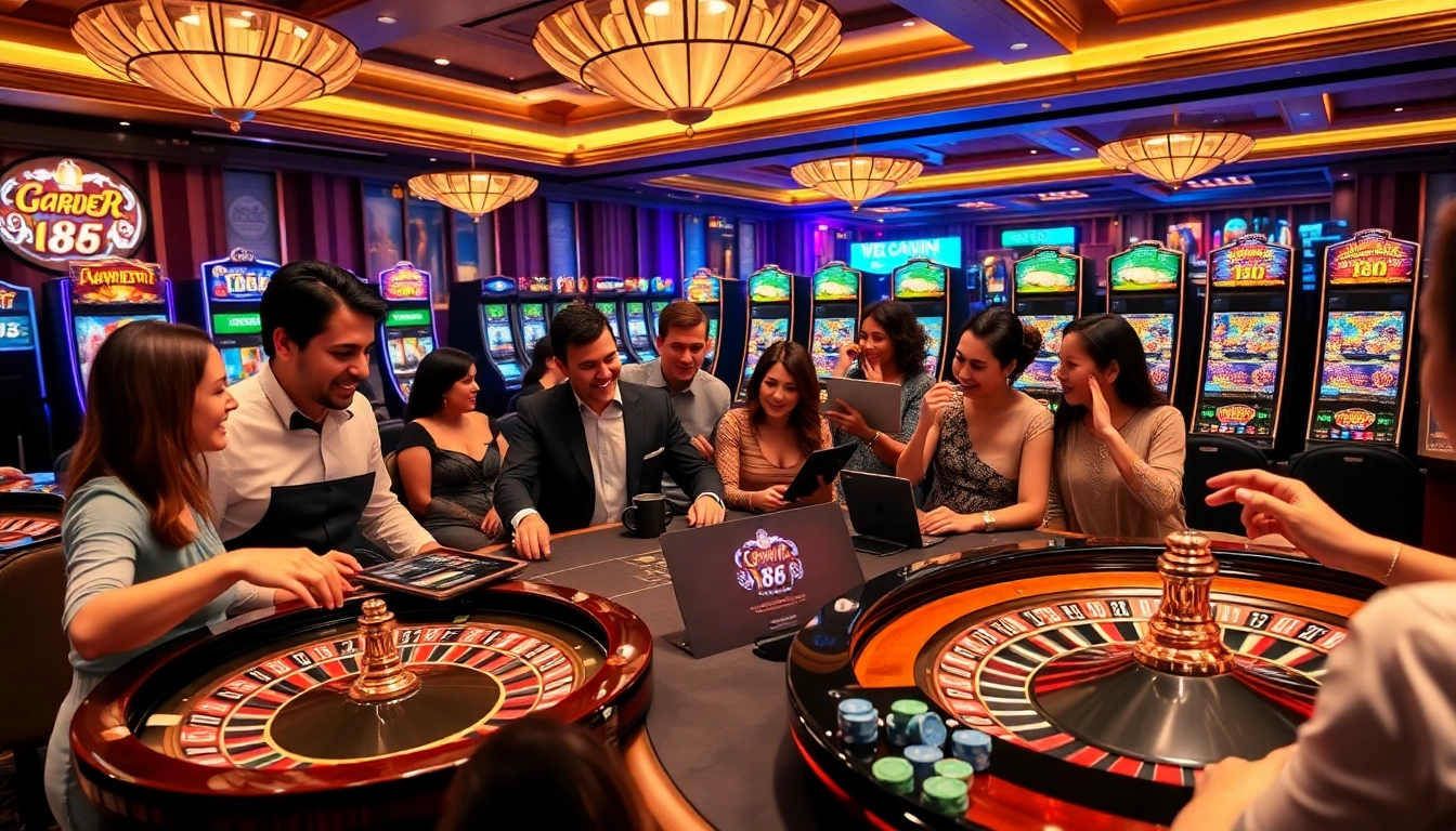 A lively casino scene at 88i with players engaging at a blackjack table and colorful slot machines.