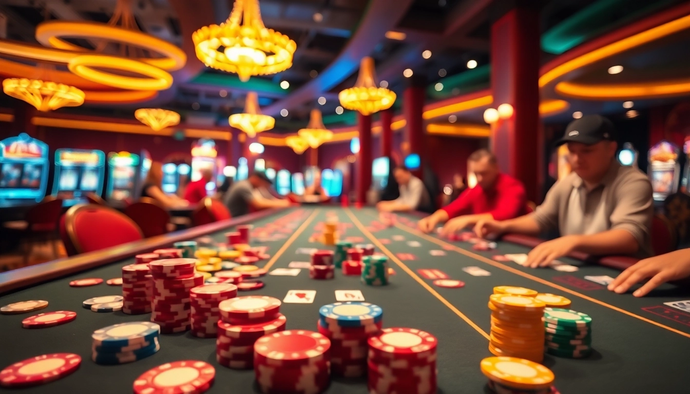 Jouer à des jeux casino en ligne dans une ambiance de casino animée avec des joueurs engagés.