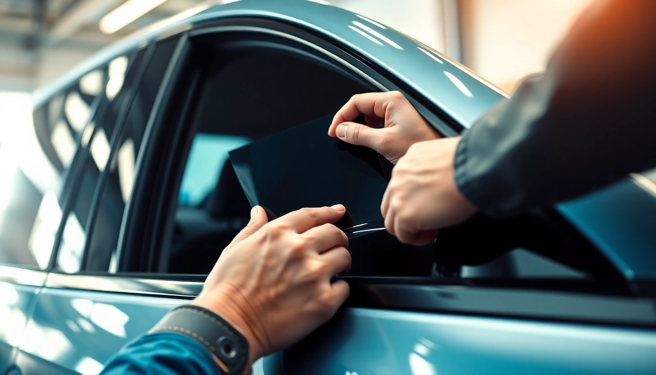 Applying ceramic window tint to enhance vehicle aesthetics and protection.