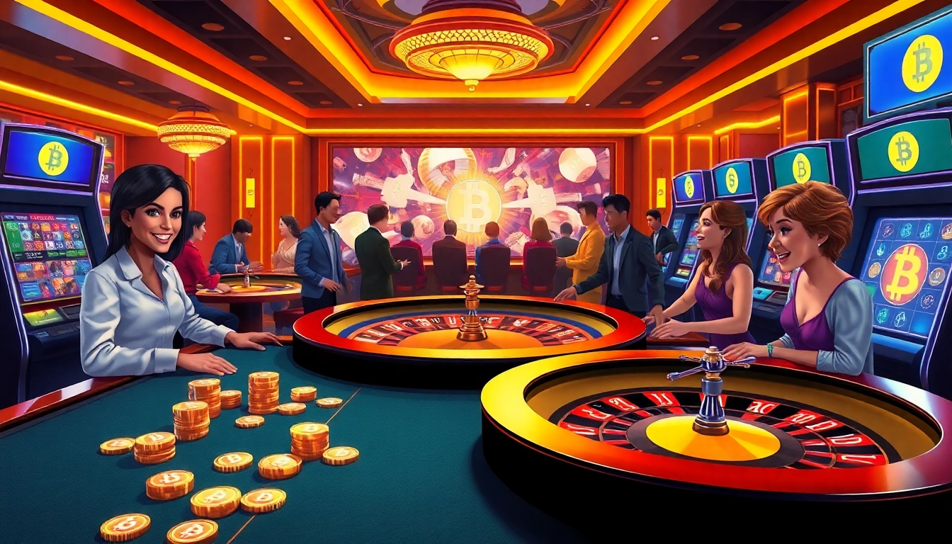 Gamblers enjoying their experience at Bitcoin casinos with vibrant tables and slot machines.