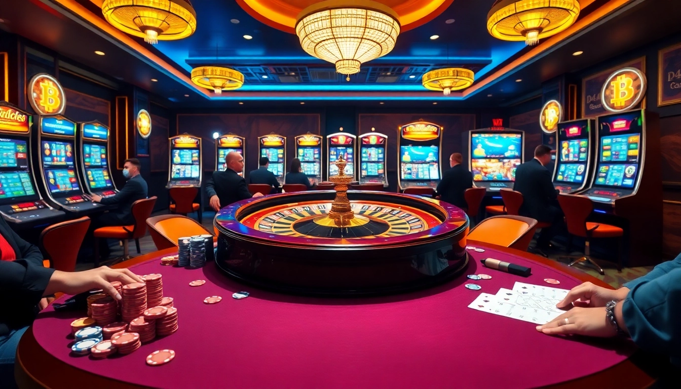 Enthusiastic players enjoying games at a Bitcoin casino, showcasing vibrant slot machines and casino tables.