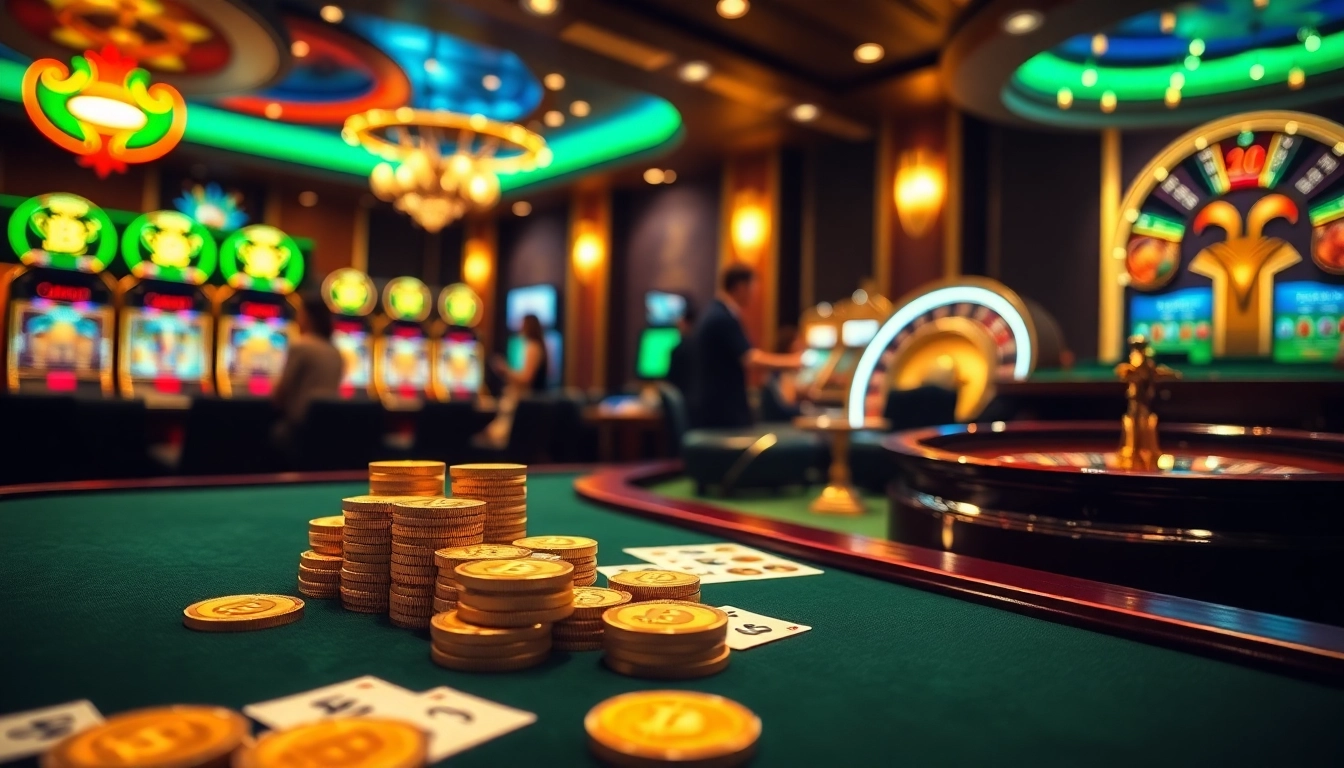 Players enjoying exciting games at a Bitcoin casino with vibrant tables and chips.