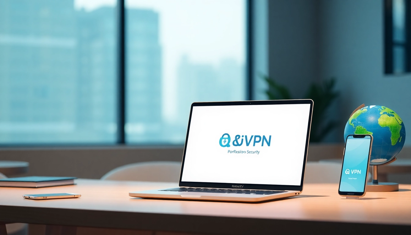 专业工作区，笔记本与移动设备上显示快连VPN，象征全球互联。