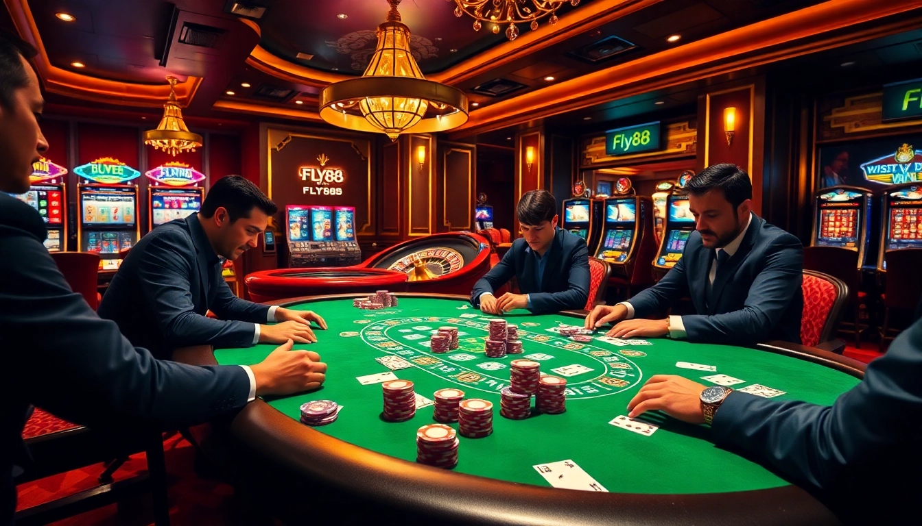 FLY88 có uy tín không? Players engage intently at a poker table in a vibrant casino.