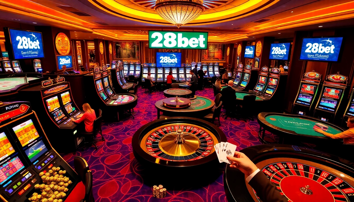 Players engaging in thrilling games at 28bet casino with vibrant slot machines and poker tables.