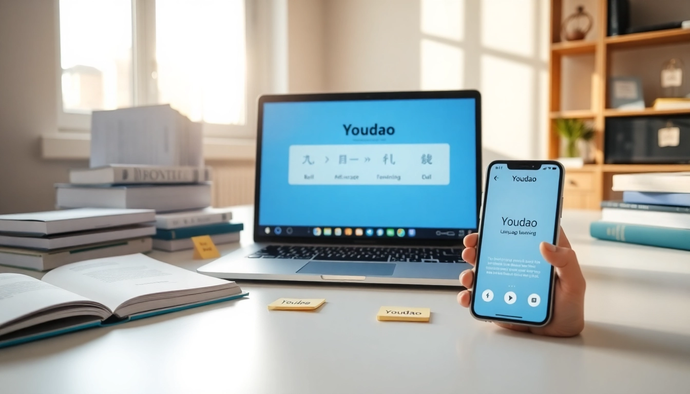 Youdao translation interface on a modern laptop with language learning resources